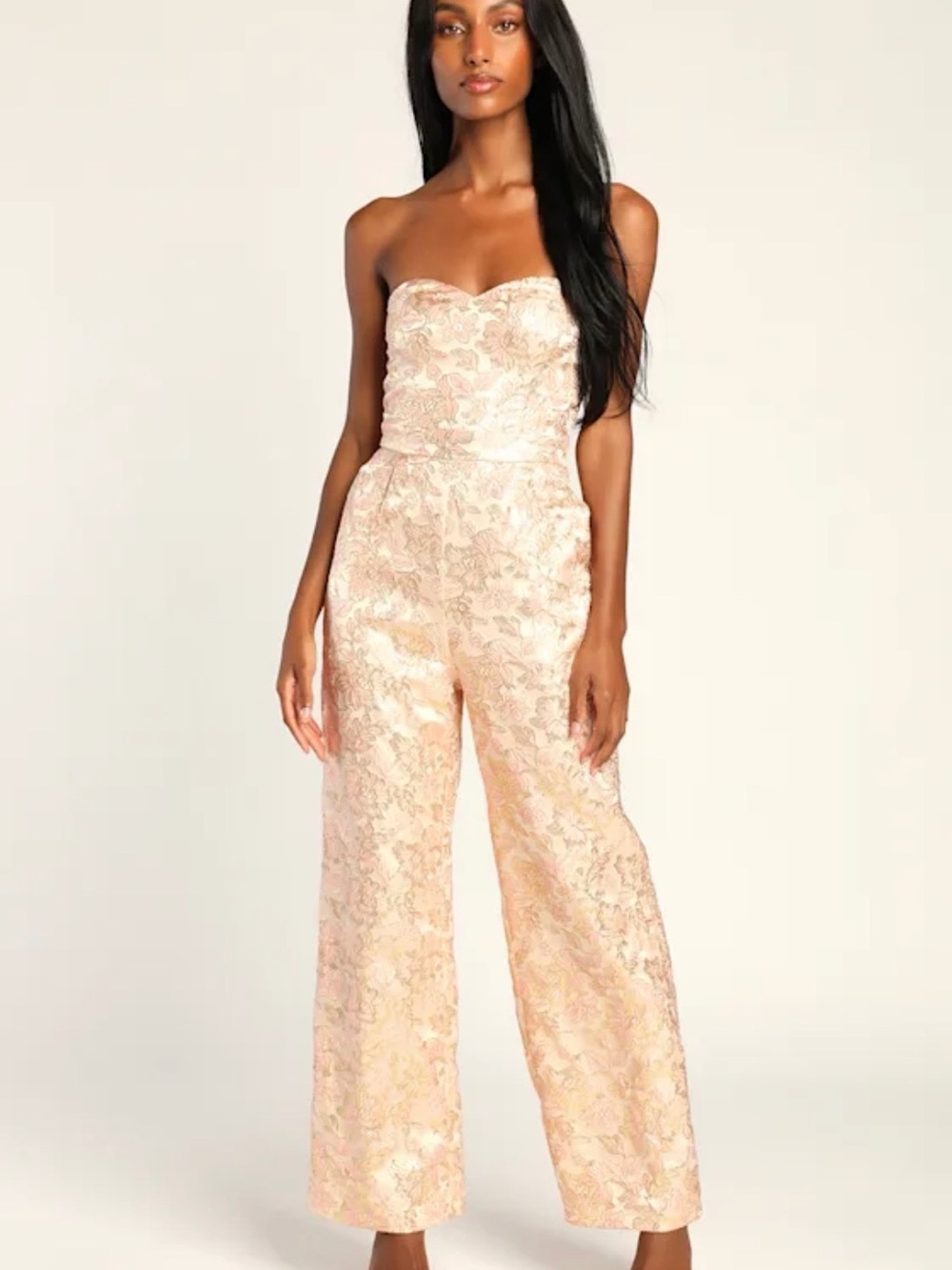 Lulus blush gold floral jacquard strapless jumpsuit